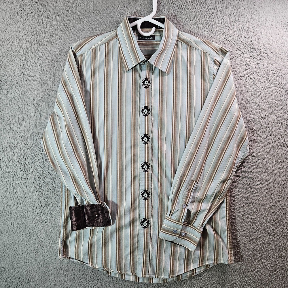 7 Diamonds Shirt Men Large‎ Flip Cuff Button Long Sleeve Light Blue Tan Striped